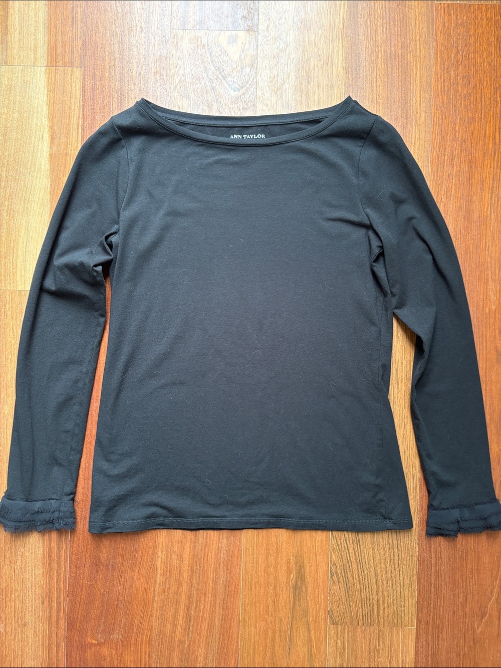 Ann Taylor Black Boatneck Long Sleeve Top with Ruffle Cuffs